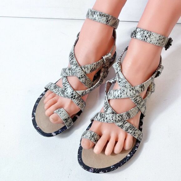 CAbi Womens 7M Leather Sandals Snakeskin Print Ankle Wrap Strappy Toe Ring Shoes - Picture 2 of 7